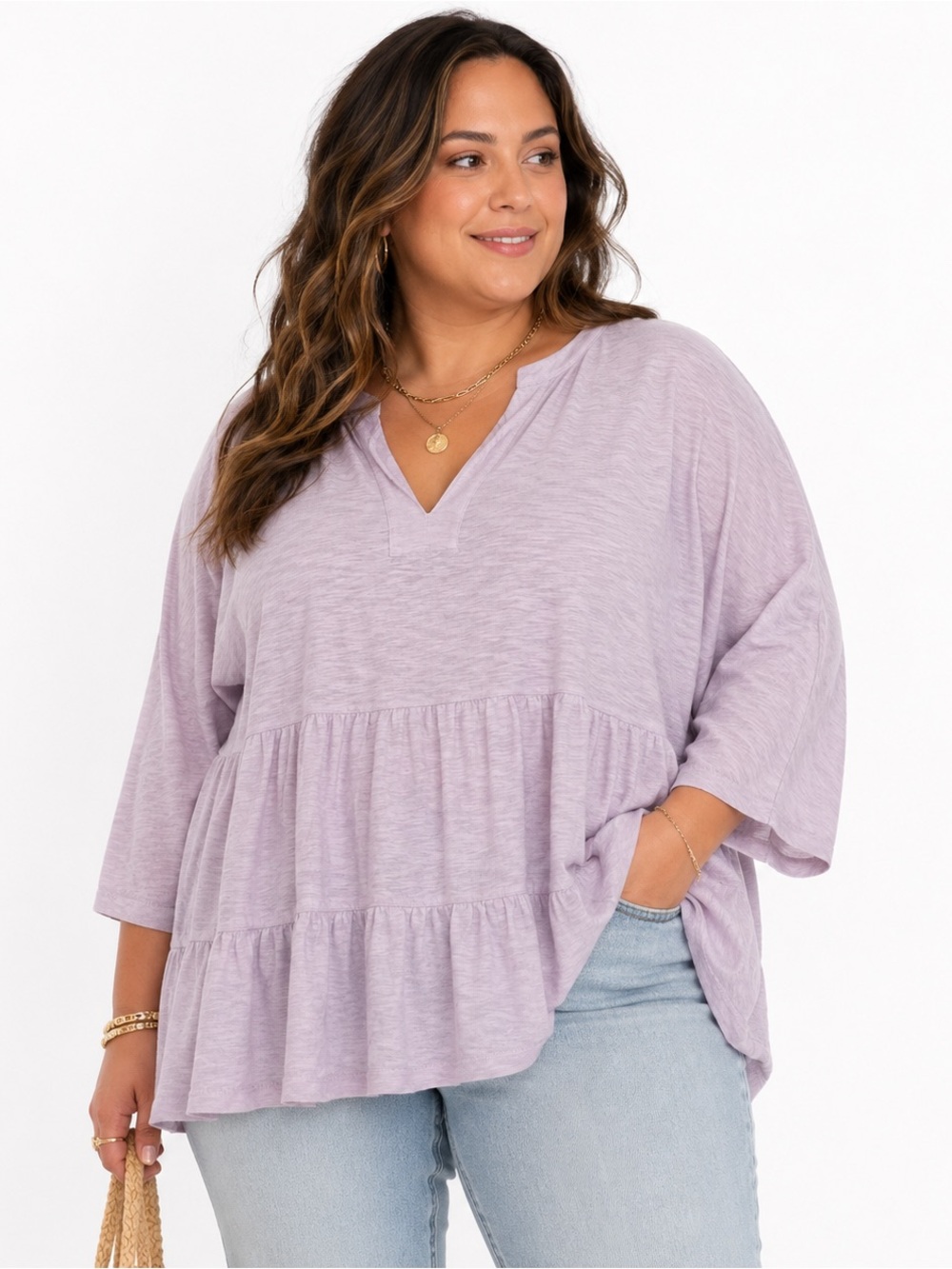 New J Jill Blouse Women XL Purple Slub Stretch 3/4 Sleeve Tiered V Neck Pullover